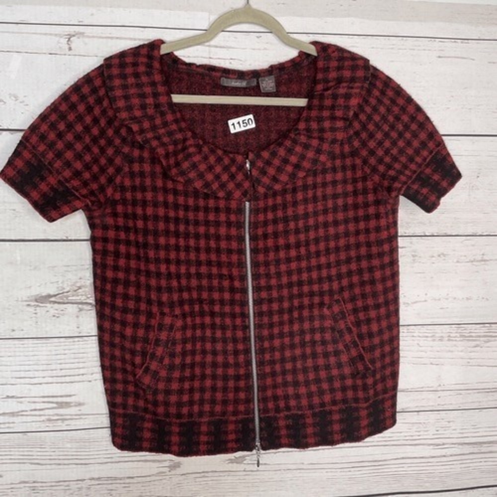 VTG Heather B Red/Black Knit Short Sleeve Full Zip Sweater Women XL China Wool